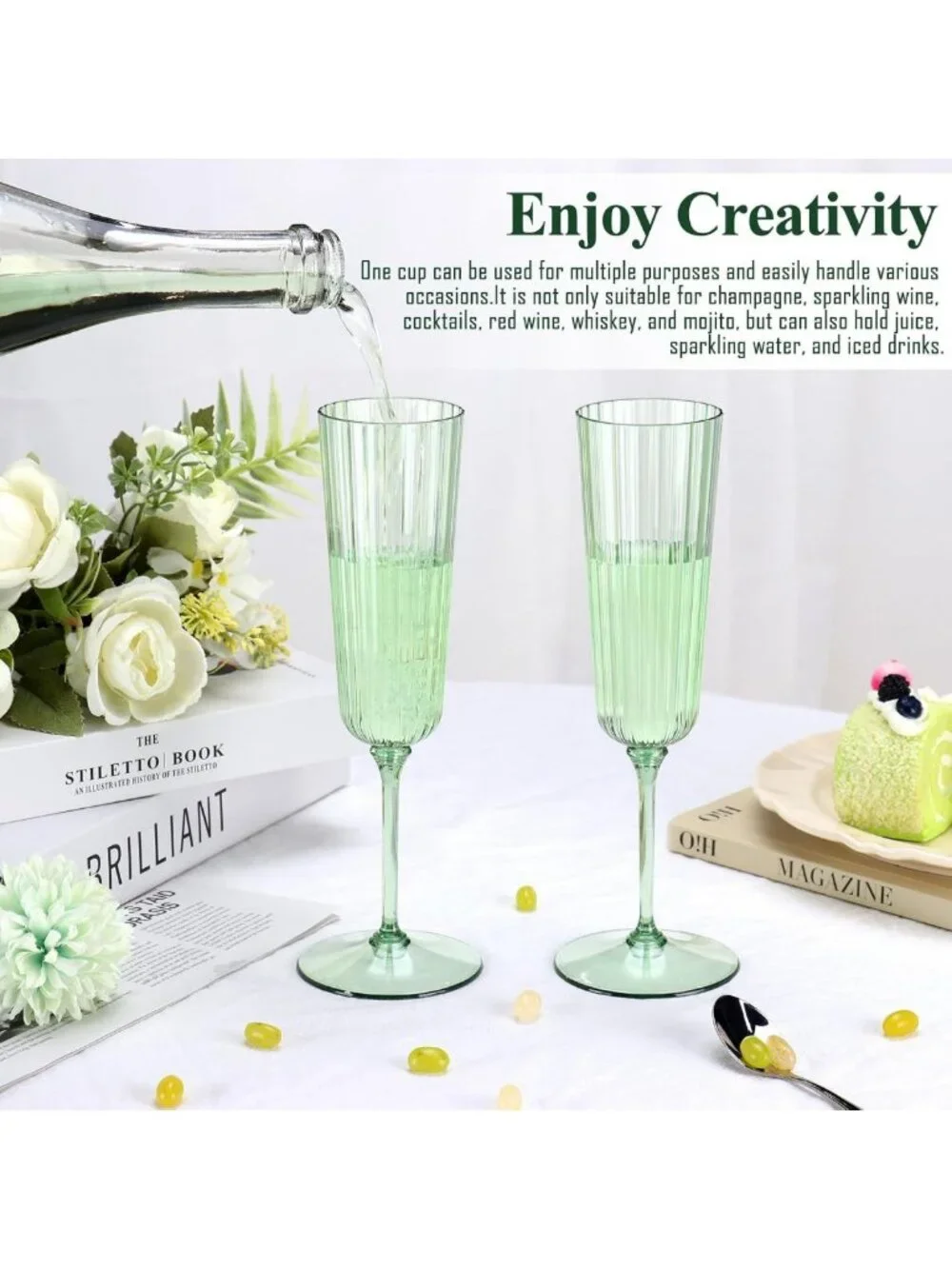 48 Pack Sage Green Unbreakable Champagne Flutes - Ribbed Disposable Wine Glasses